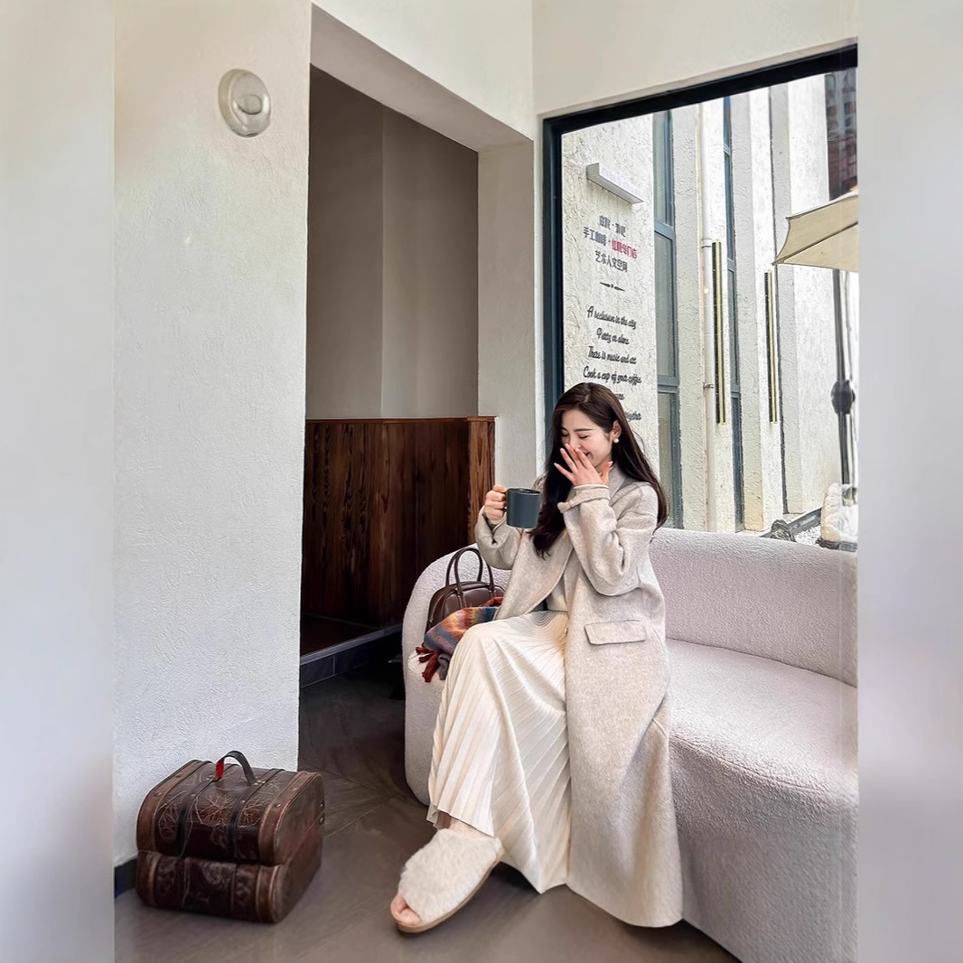 韩版手缝双面羊毛大衣女中长款连帽休闲气质宽松百搭春秋冬双面呢高清大图