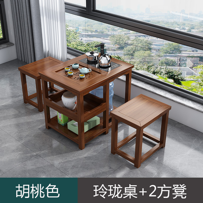 绵冠全实木阳台茶桌椅组合榆木茶台 玲珑桌一桌两凳(胡桃色)