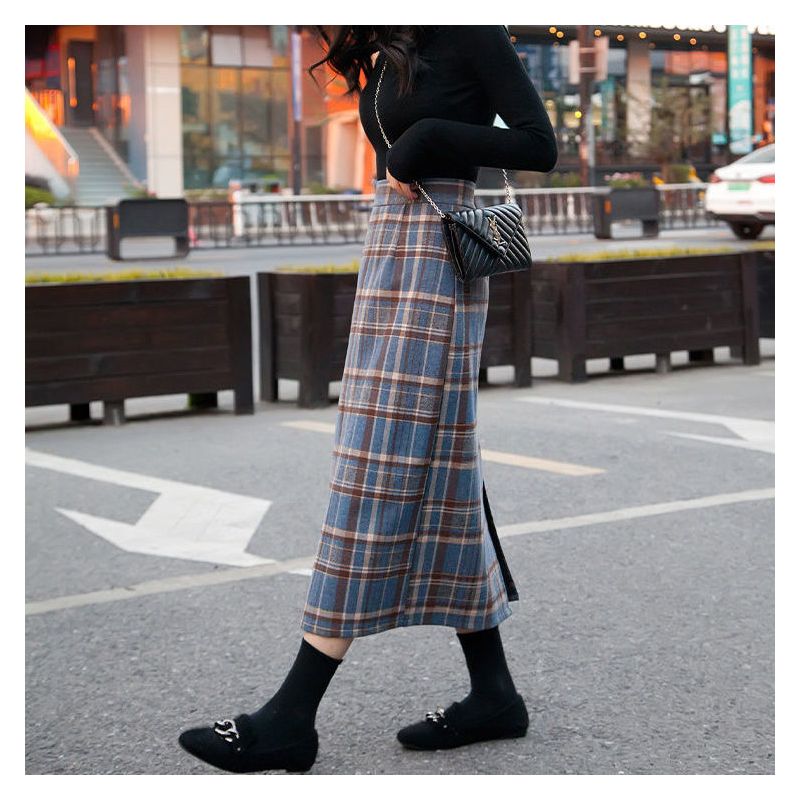 包臀裙韩版宽松中长款格子半身裙女秋冬复古高腰开叉一步裙a字裙