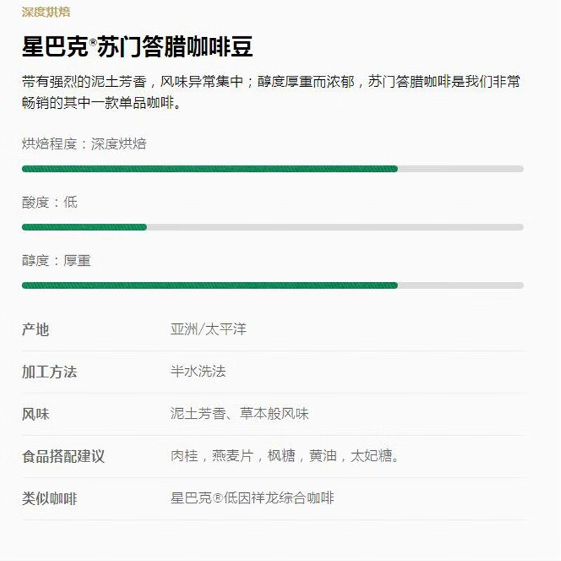 星巴克 苏门答腊咖啡豆 阿拉比卡 深度烘焙 250g/袋高清大图