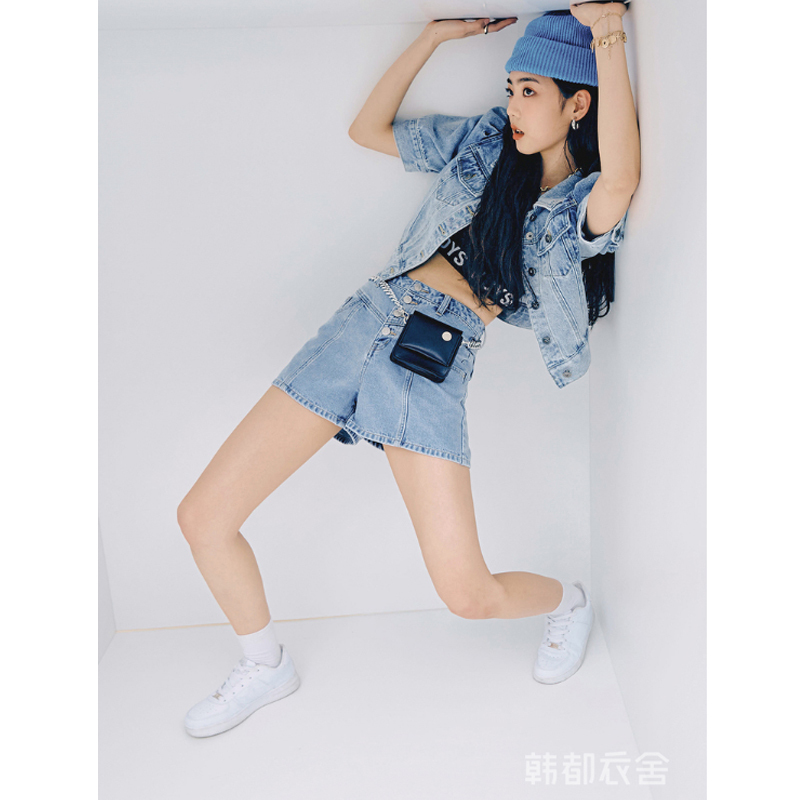 韩都衣舍冰氧吧牛仔短裤女2021夏新款显瘦百搭高腰裤子女
