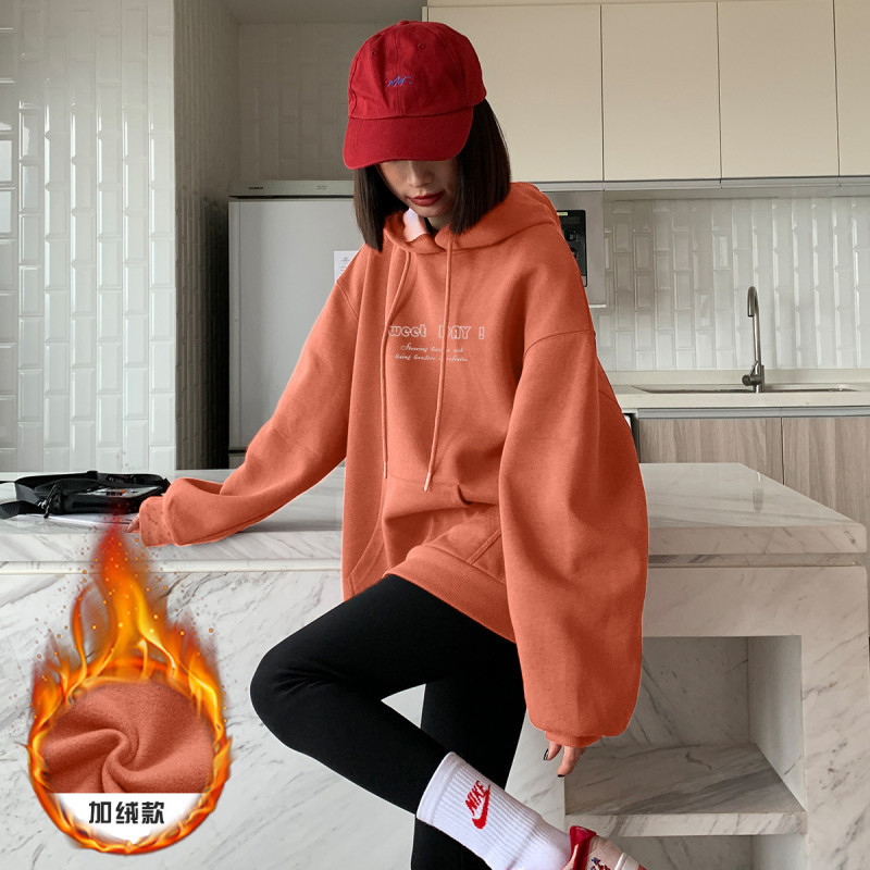 [1.5折价64元]唐狮加绒卫衣女加厚秋冬新款字母印花连帽卫衣韩版宽松百搭
