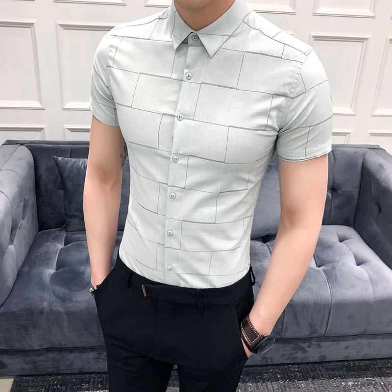 短袖衬衫男夏季韩版修身青年帅气青年型师寸衫男士格子薄款衬衣
