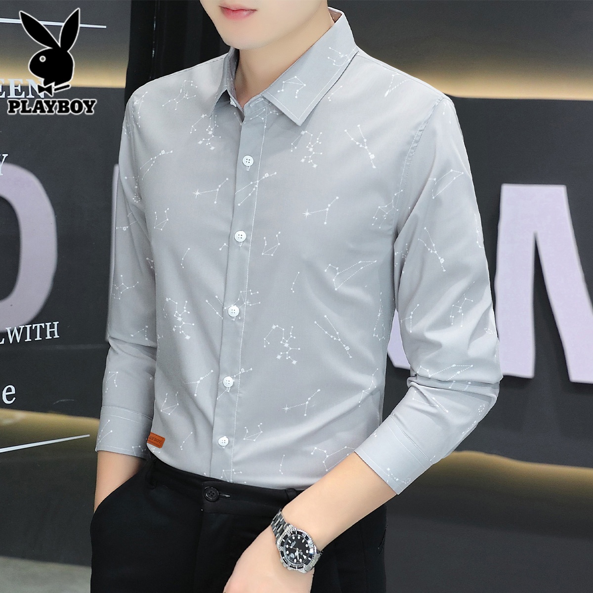 花花公子长袖衬衫男士秋季潮流痞帅印花高级感休闲衬衣男2024新感高清大图