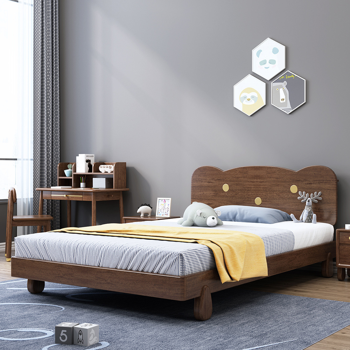 月影梳桐新中式儿童实木床轻奢胡桃木小户型单人男女小孩床1.