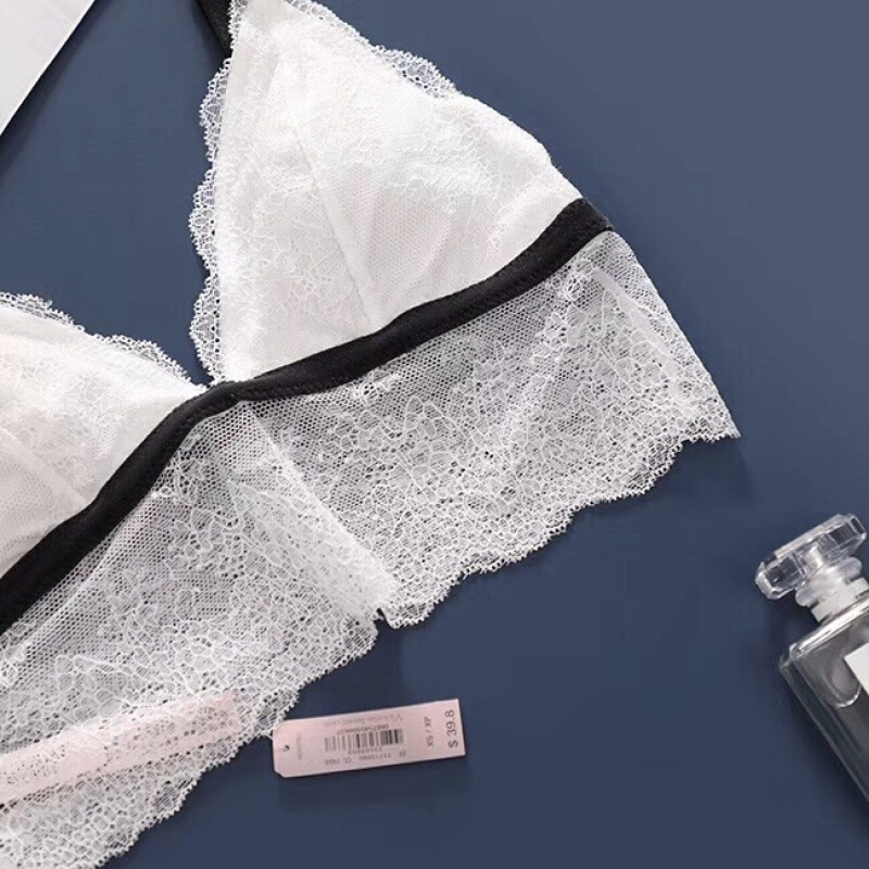 轻薄柔软性感蕾丝美背舒适无钢圈背心式内衣三角软杯文胸女蕾丝三角软杯文胸白色黑边