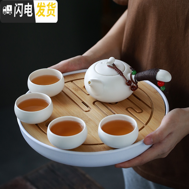 三维工匠功夫茶具套装盖碗茶壶茶杯整套禅意白瓷家用简约干泡现代旅行便携 (圆盘+茶壶+4杯子)款式八高清大图