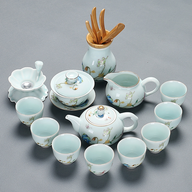 年货功夫茶艺盖碗茶道茶壶喝茶杯现代瓷套装家用办公整套描金陶瓷茶具