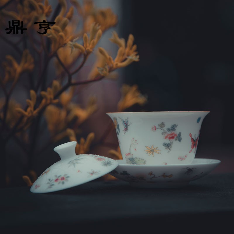 鼎亨粉彩盖碗茶杯 景德镇纯手工白瓷功夫茶具中式三才杯大号茶碗