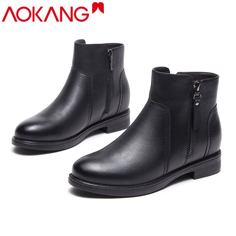 奥康女鞋冬季时尚保暖绒毛高帮裸靴英伦复古粗跟女士切尔西加绒短靴女妈妈鞋图片