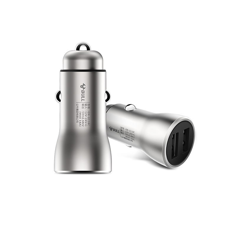 公牛(BULL)GN-U118C车载USB充电器银色双USB接口多功能车充手机充电一拖二金属材质