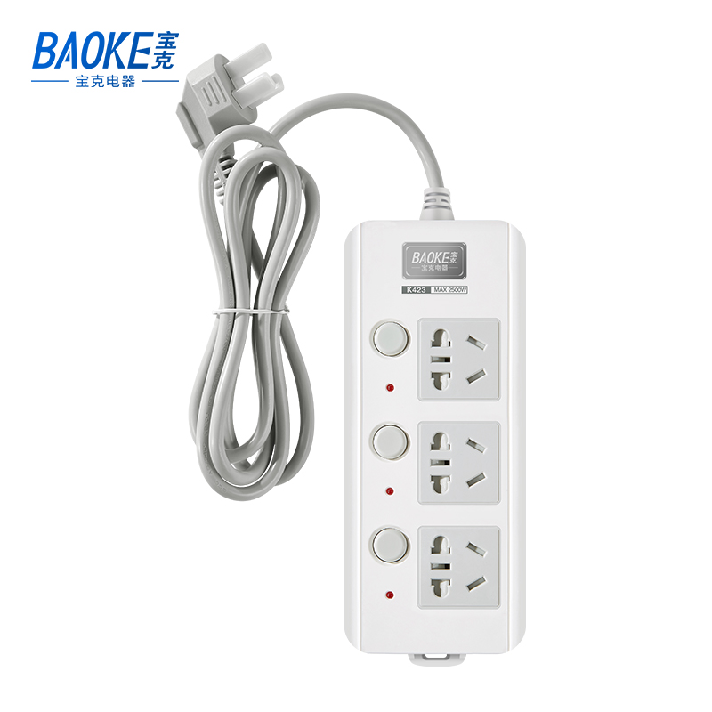 宝克(BAOKE)K423 插线板 新国标延长线插座3位分控独立开关 2500W MAX 白色 1个