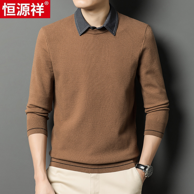 恒源祥秋冬季假两件衬衫领毛衣男士上衣服内搭韩版潮流加绒针织衫高清大图