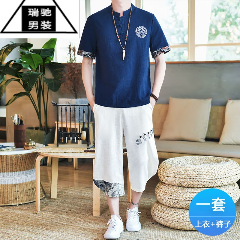 希杰狮王亚麻短袖T恤男夏季中国风套装男宽松棉麻复古刺绣大码上衣两件套