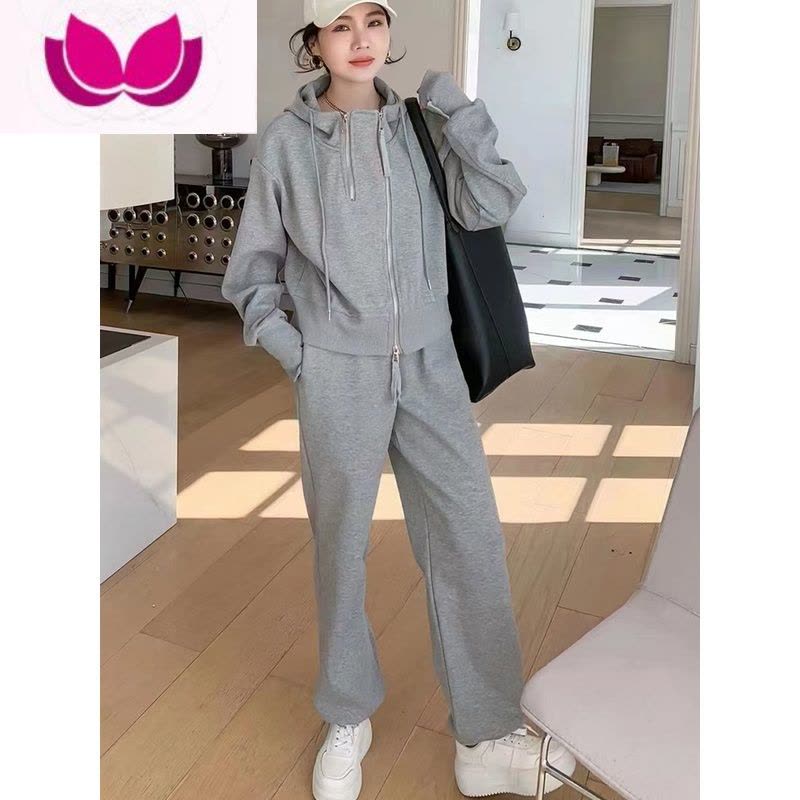 七斓时尚运动套装女欧洲站2023春季新款宽松连帽上衣休闲阔腿裤套图片