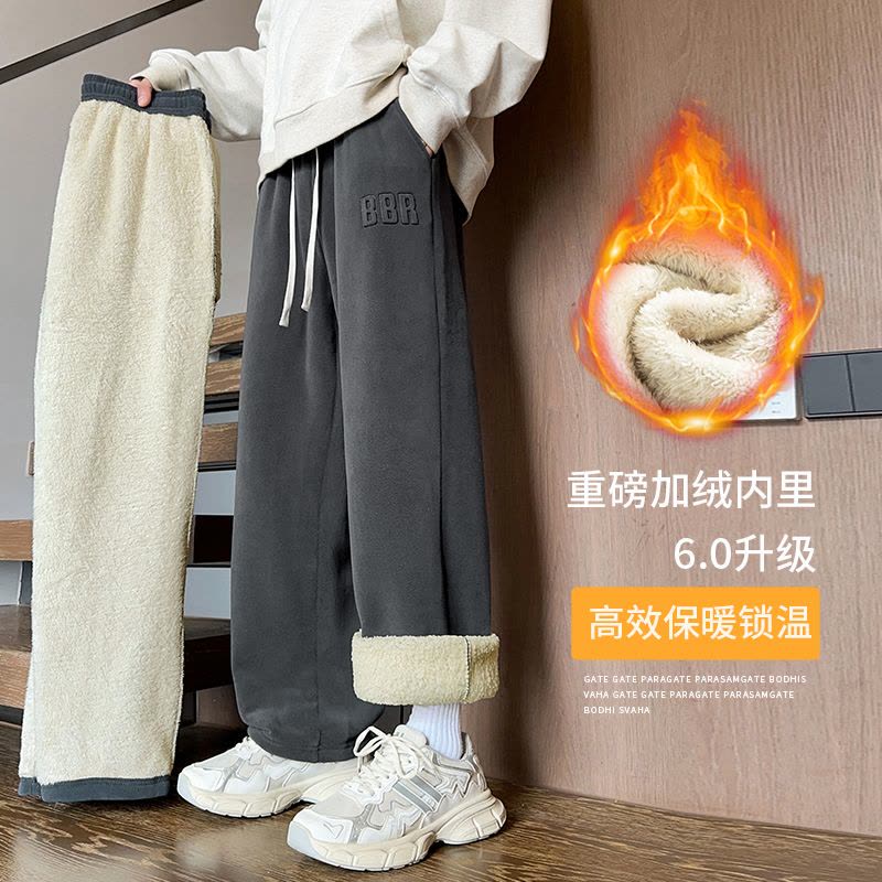 羔绒卫裤男冬季加绒加厚宽松直筒休闲裤男士大码运动保暖裤子图片