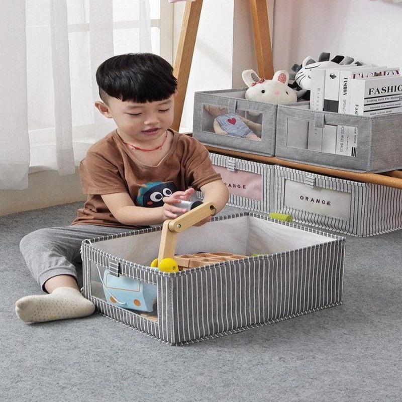 可折叠收纳盒收纳箱衣柜衣服整理箱简约大号多功能折叠无盖储物箱 无盖透视可折叠款 灰色竖条纹-小号