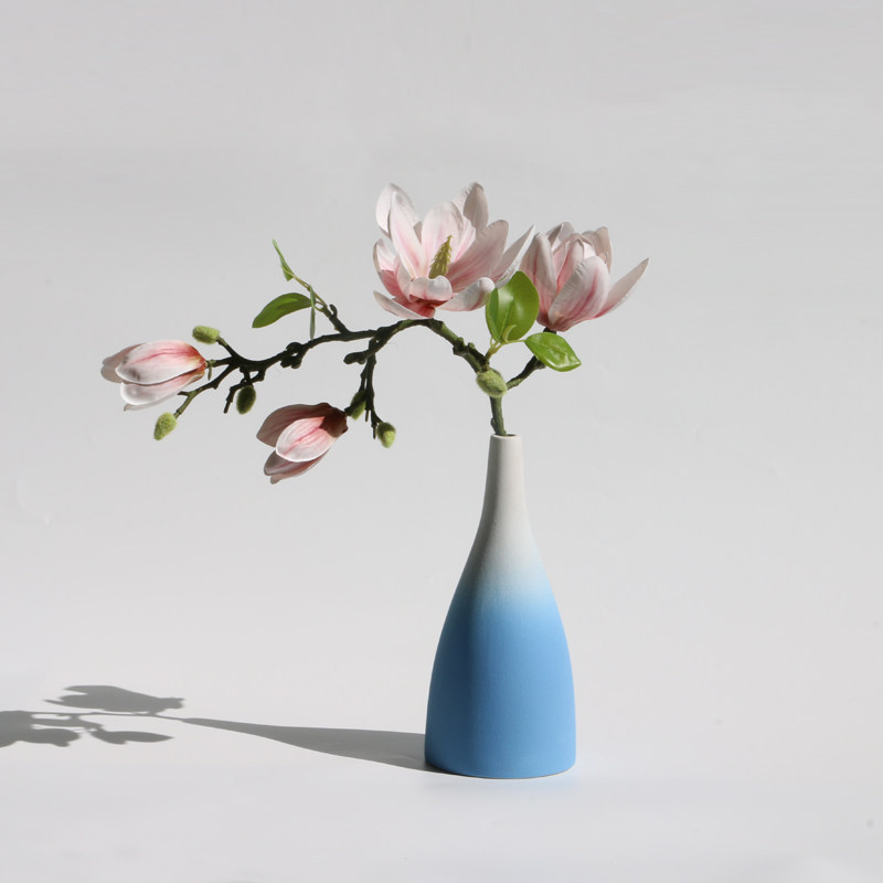 INS风北欧渐变陶瓷花瓶客厅插花工艺摆件清新干花装饰工艺品 三维工匠 兮年蓝大-渐变+粉色玉兰 中等高清大图