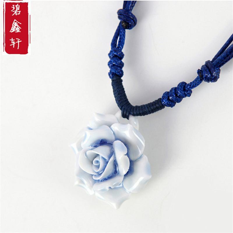 民 手工陶瓷项链 青花瓷 玫瑰 春款坠 时尚饰品送女朋友七夕情人节礼物