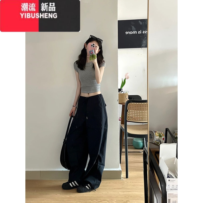 YIBUSHENG美式复古经典黑色工装裤子女季2024新款直筒裤宽松休闲阔腿长裤高清大图