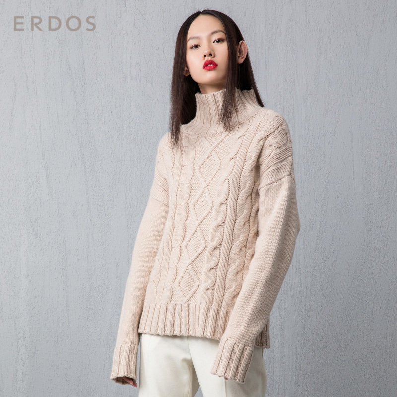 ERDOS 通勤简约半高领纯色山羊绒绞花针织女羊绒针织衫保暖舒适