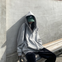 开衫拉链宽松连帽卫衣女秋季韩国女装纯色大码外套上衣女 XL 灰色