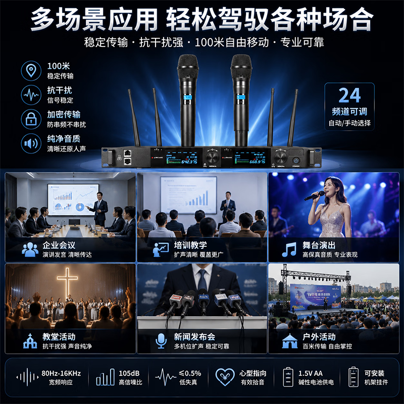 戴浦(DAIPU)国产化UHF真分集手持无线一拖二麦克风 DP-H800高清大图