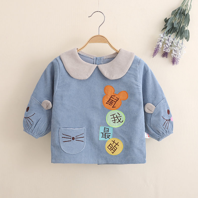 儿童罩衣男宝宝吃饭罩衣儿童围裙罩衣女宝宝围兜衣防水外穿灯芯绒 鼠