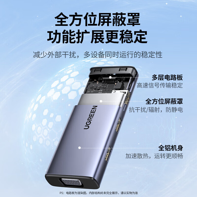 绿联Type-C扩展坞USB-C拓展坞HDMI/VGA转换器转接头分线器 25037 六合一