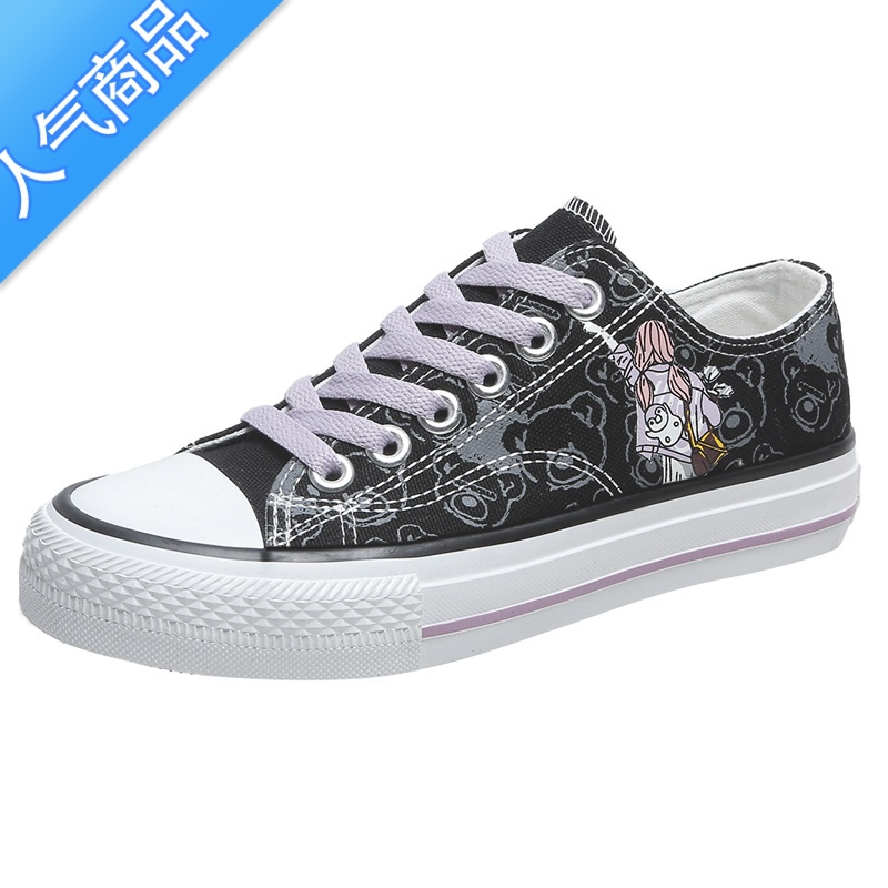 SUNTEK2023年春夏季新款透气软底低帮帆布鞋黑色板鞋女学生涂鸦休闲球鞋高清大图