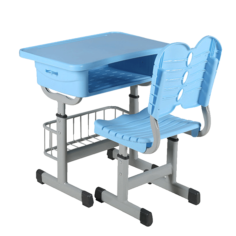 文灵中小学生培训补习班学习桌学校写字桌套管升降塑钢课桌椅 带篮套管靠背天蓝