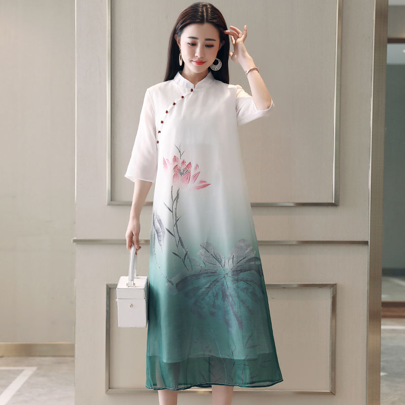古风连衣裙女夏女士新品水墨印花中国风仙女范气质淑雅长裙子