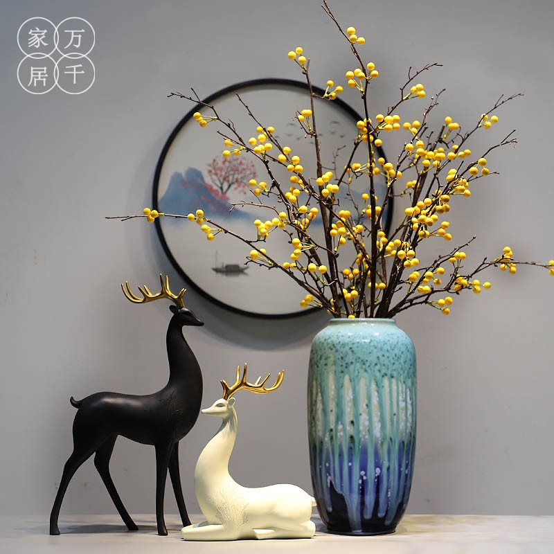 轻奢陶瓷花瓶摆件现代新中式客厅家用装饰品餐桌玄关仿真花插花器收纳袋 三维工匠 中瓶