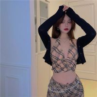 [含链条]夏辣妹挂脖性感露背格子吊带小背心显瘦拖地长裤女套装 单件上衣 S