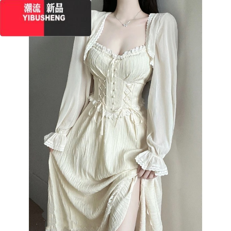 YIBUSHENG大码胖mm纯欲高级感系带收腰吊带连衣裙开衫女春显瘦仙女裙套装