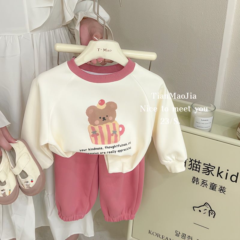 女童儿童春装运动套装春季新款女韩版卡通印花卫衣卫裤两件套 粉色纯色卫裤偏浅粉 100