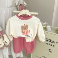 女童儿童春装运动套装春季新款女韩版卡通印花卫衣卫裤两件套 粉色纯色卫裤偏浅粉 100