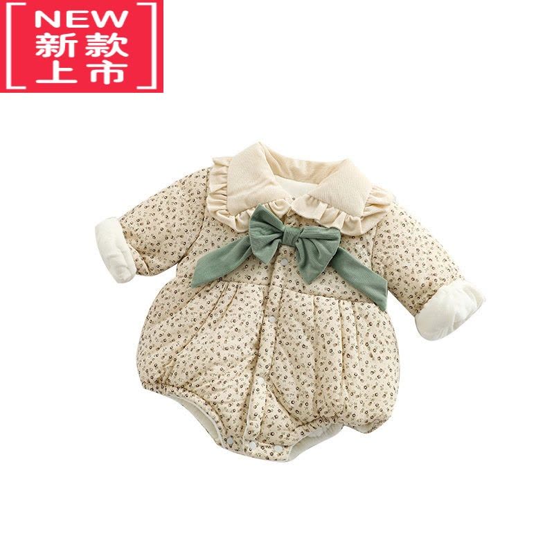 可莉允韩版冬季婴儿衣服女宝宝夹棉加厚冬款棉服超萌包屁碎花蝴蝶结哈衣图片