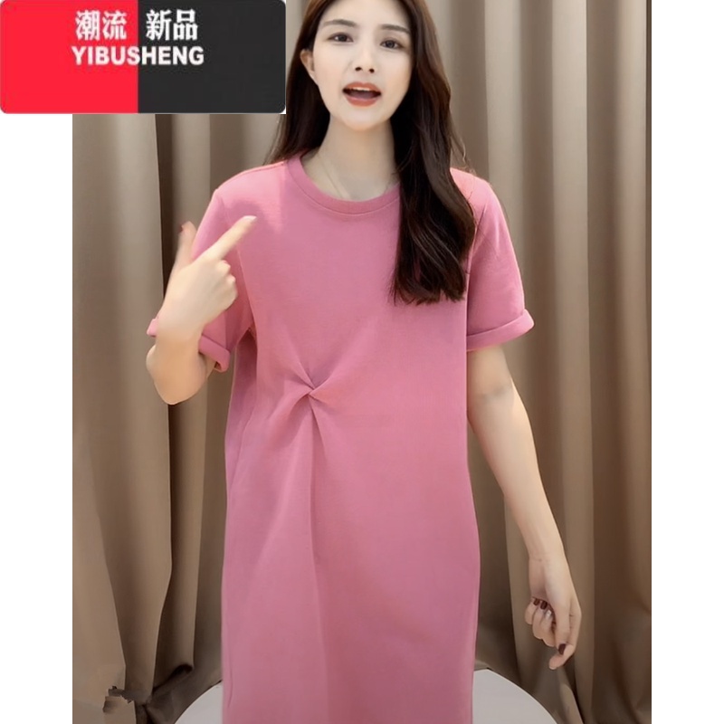 YIBUSHENG季新款小个子欧货女装粉色短袖褶皱连衣裙女百搭中长款圆领TE高清大图