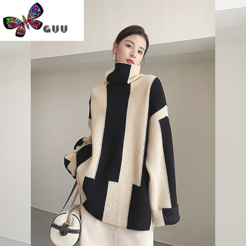 语娄慵懒风高领套头黑白条纹毛衣女款外穿温柔软糯外套针织上衣厚