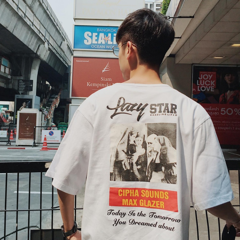 年轻2018夏装帅气复古印花T恤短袖圆领男装 宽松休闲港风大码体恤
