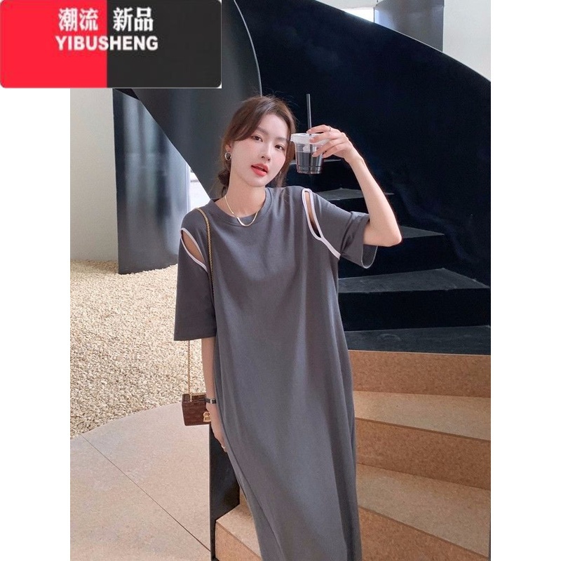 YIBUSHENG设计感镂空过膝长款连衣裙女季新款胖mm大码300斤宽松显瘦t恤S高清大图