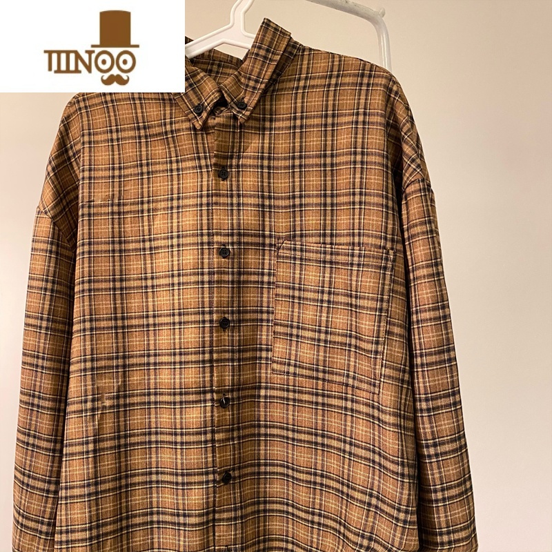 YANXUMASD日系复古咖色格子长袖衬衫男潮ins情侣宽松复衫YX高清大图
