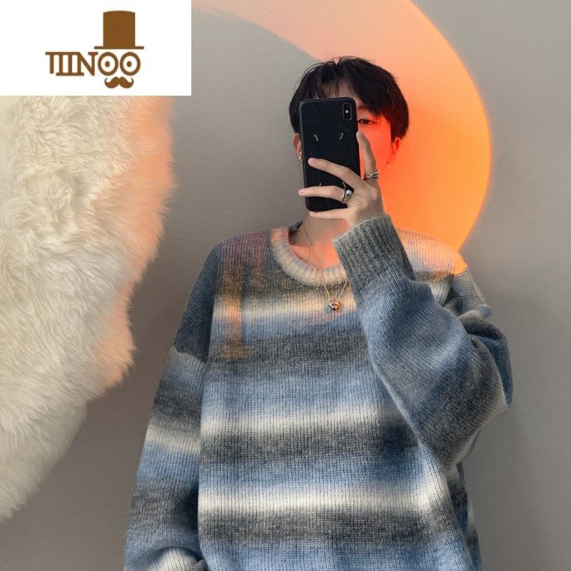 YANXU渐变色条纹圆领毛衣男韩系宽松慵懒风针织衫潮牌冬款外套图片