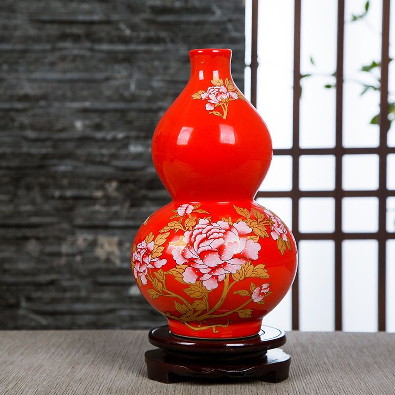景德镇陶瓷器红色小花瓶摆件客厅插花器小瓷瓶结婚装饰品家居摆设|葫芦瓶(红色)PVC底座