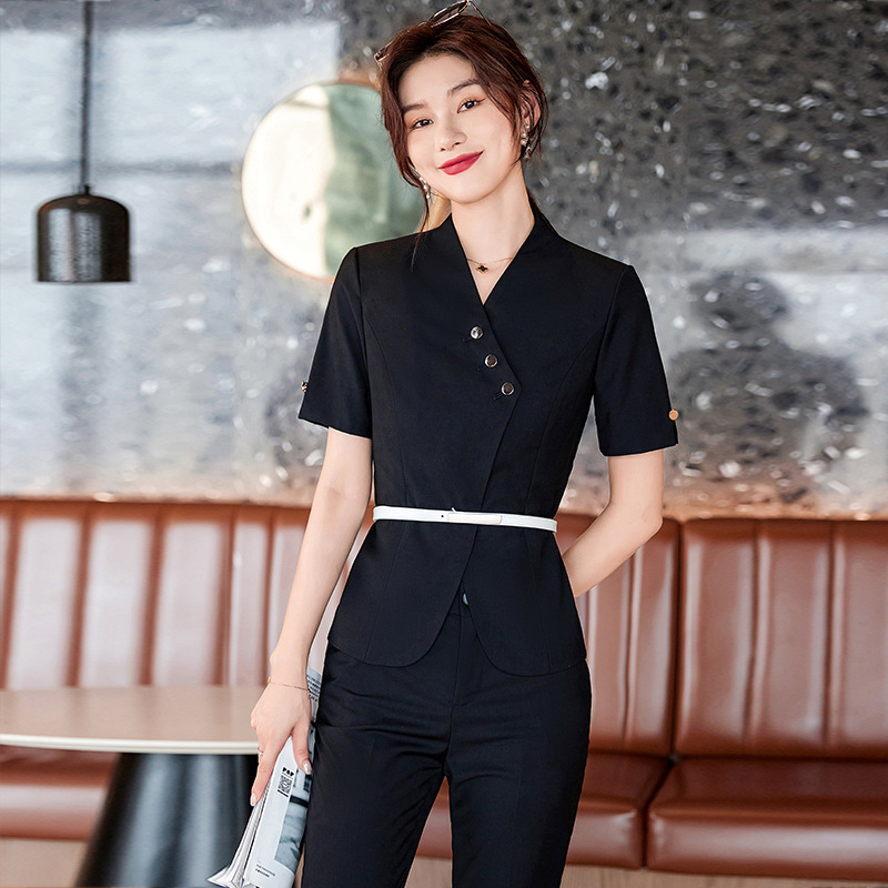 女时尚夏装短袖v领西服职业装气质正装珠宝店酒店前台工作服工装视频