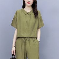 2021年新款休闲冰丝麻套装女夏时尚韩版大码显瘦七分萝卜裤两件套 1445Y#军绿色 M [建议100斤以下]
