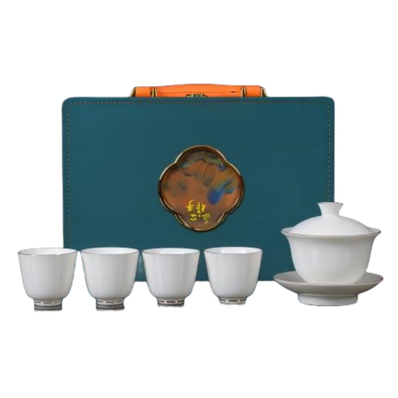 銮源丰S-004描金羊脂玉 茶具小套装(配盖碗)