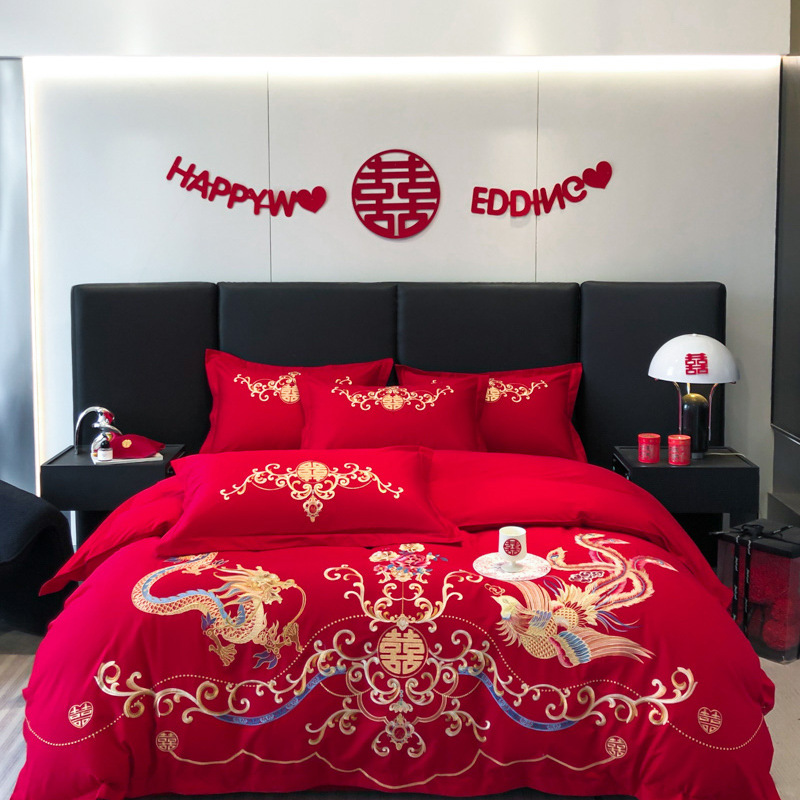 结婚大红色四件套被套床单婚房水洗棉婚嫁喜被床笠款床上用品婚庆 龙凤呈祥1 1.8床床笠款（被套220*240）四件套