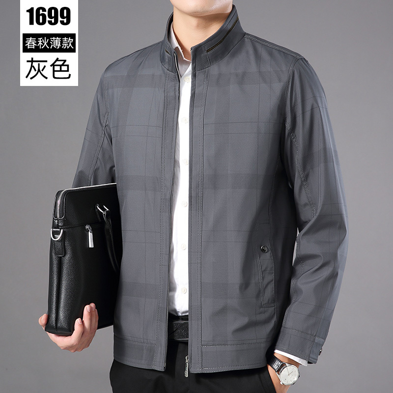 NEW LAKE爸爸外套春秋新款茄克中年秋装上衣服立领格子夹克衫中老年人男装夹克